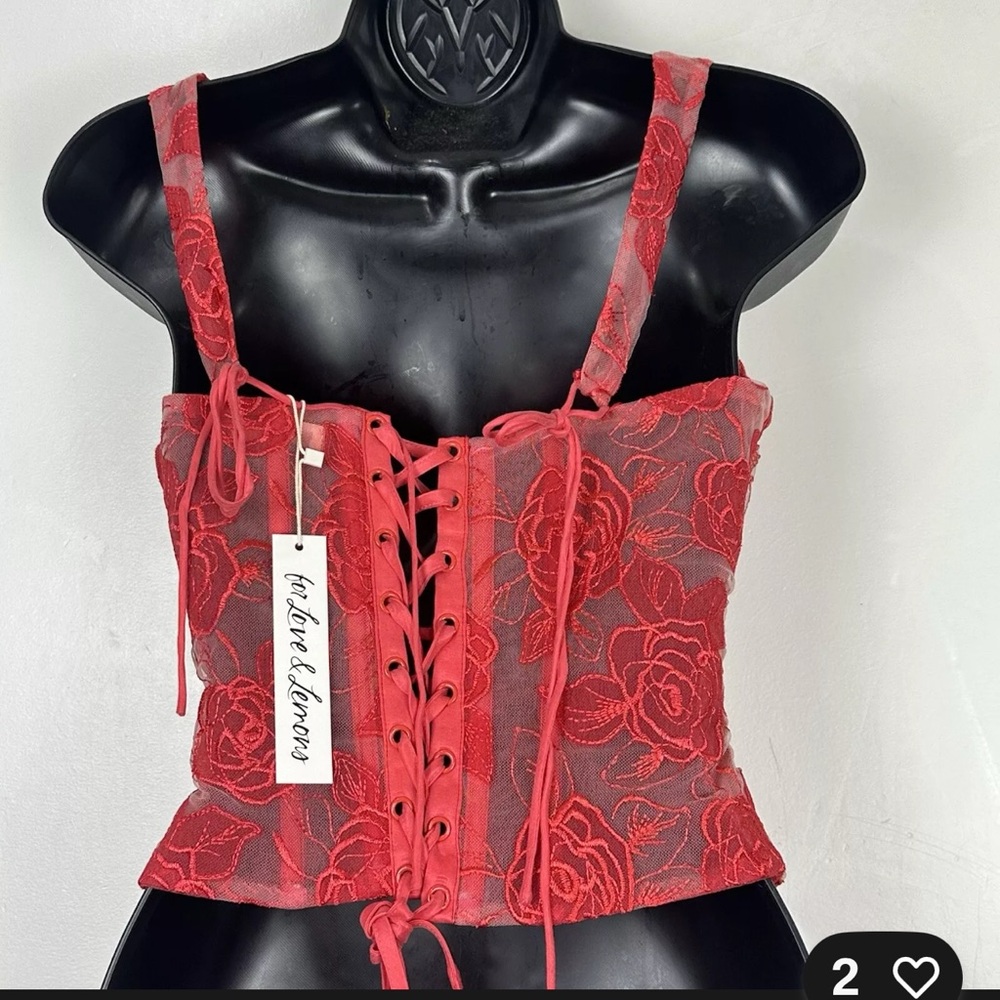 NWT For Love & Lemons Red Floral Sheer Corset Tank - Picture 10 of 15